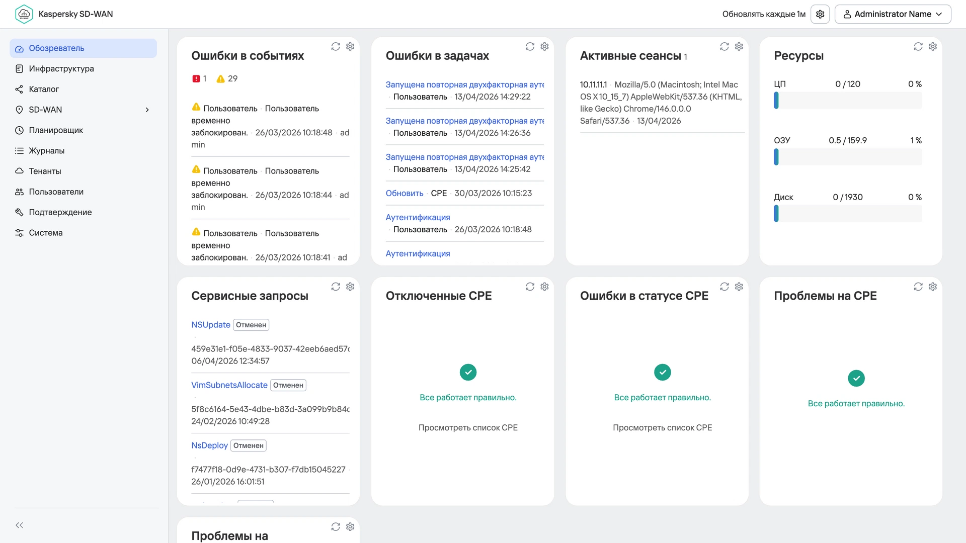 Интерфейс Kaspersky SD-WAN