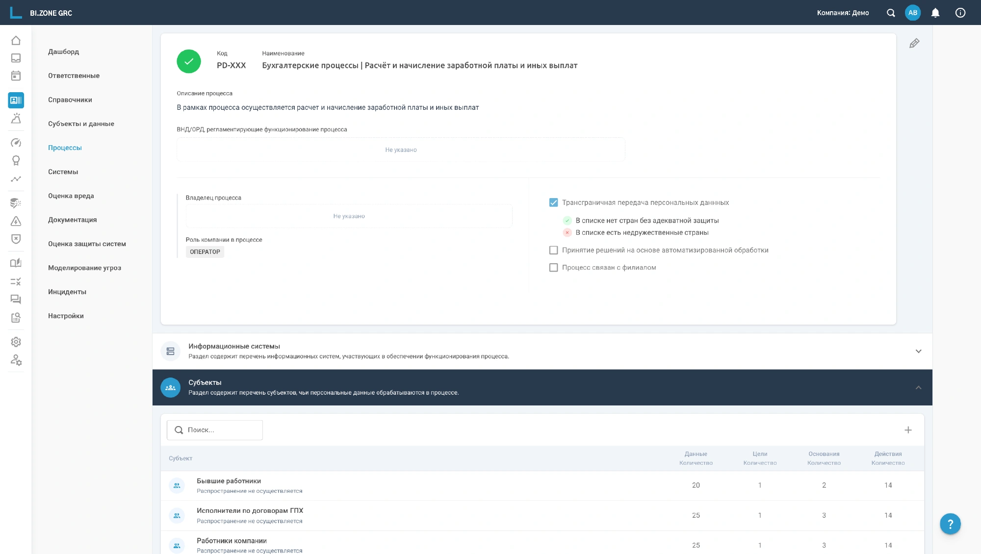 Интерфейс BI.ZONE GRC